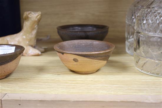 Chinese Sung/Yuan brown glazed bowls and an inscribed Jian hares fur teabowl and a Han dynasty pottery dog (4)